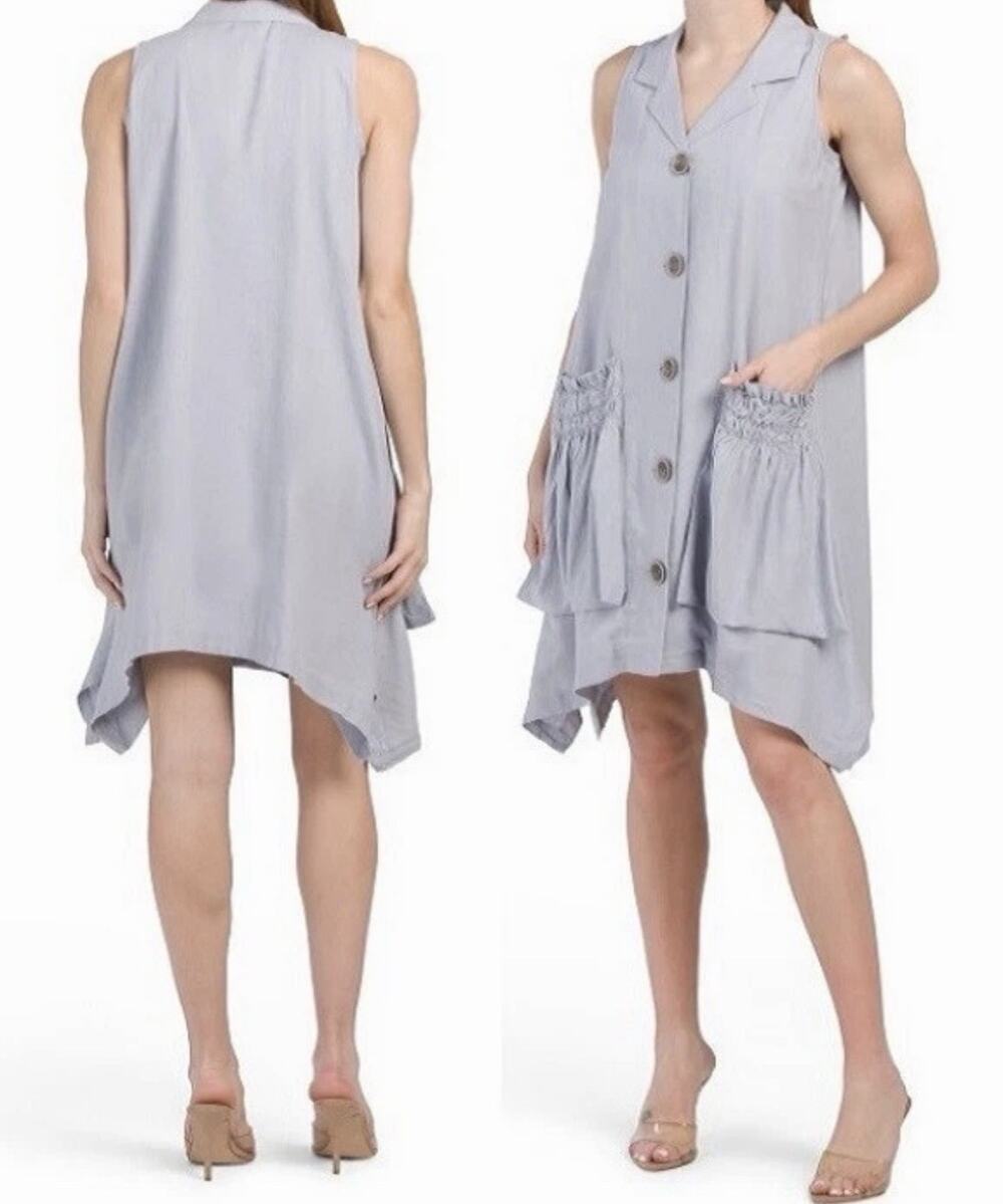For Cynthia Linen-Blend Sark Bite Hem Shirt Dress Size S Patch Rushed Pockets